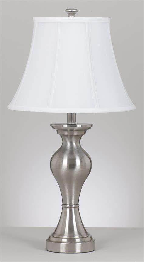silver metal table lamp with cloth shade